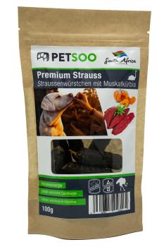 Premium Straußenwurst Snack mit Muskatkürbis - 100 g - trägt zur Kalium-Versorgung bei. Natürliche B-Vitamine